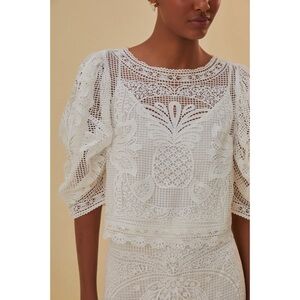 NWT FARM RIO Guipire White Crochet Lace Puff-Sleeve Top